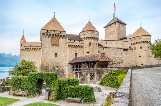 VEYTAUX,SWITZERLAND - SEPTEMBER 3,2016 - View at the Chillon castle. Chillon Castle is an island castle located on Lake Geneva ,south of Veytaux in the canton of Vaud.