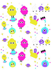 children's cartoon pattern with colored space monsters on a white background