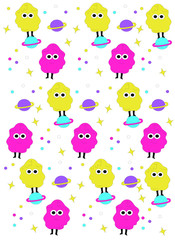 children's cartoon pattern with colored space monsters on a white background