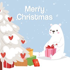 Merry christmas and polar bear with gift box and snowy tree vector illustration. Winter web design of a cute polar bear with presents, love hearts and christmas tree.