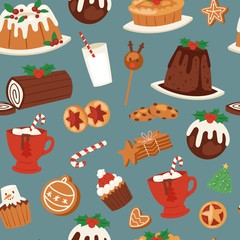 Christmas cakes, candy and sweets seamless pattern. Vector cartoon illustration of winter holidays spicy cakes, lollipops and gingerbread cookies. Traditional Christmas sweets.