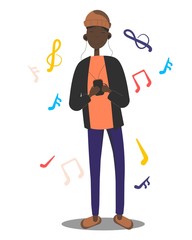Young african american man is listening to music on phone. Guy with headphones browsing song on phone.Geek is looking at mobile phone,listen to music and smiling.Vector illustration,flat style.