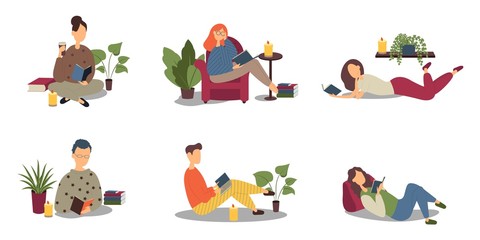 Collection of people reading or students studying and preparing for examination. Set of book lovers, readers, modern literature fans isolated on white background. Flat cartoon vector illustration.