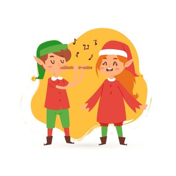 Christmas elves kids singing caroling cartoon vector illustration. Boy and girl in elf costumes sing songs caroles and play flute. Merry christmas and xmas music.