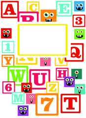 kids alphabet prints with square colored monsters with copy space