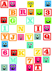 kids alphabet prints with square colored monsters, pattern