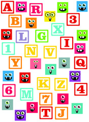 kids alphabet prints with square colored monsters, pattern