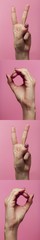 Fototapeta premium vertical row collection of female hands gesturing the digits of the new year 2020 in sign language on a colored pink background, concept new year,creative idea