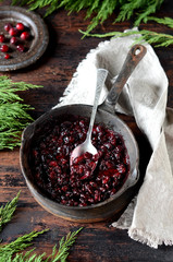 Cranberry sauce in a pan, christmas, rustic