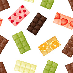 Seamless pattern made from different delicious chocolate. Endless picture. Cartoon style. Vector illustration. Object for packaging, advertisements, menu. Sweet food. Dessert meal.