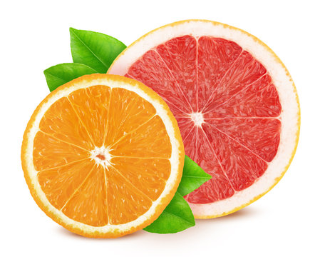 Multicolored composition with slices of citrus fruits - grapefruit and orange isolated on a white background.