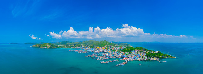 Panorama view of fishing village around the island in Sattahip city, Thailand.