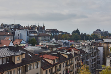 Fototapeta na wymiar The Lausanne skyline seen from the Cathedral. Switzerland