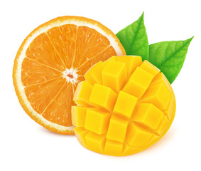 Composition with mix of cutted tropical fruits - mango and orange isolated on a white background with clipping path.