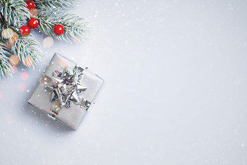Fototapeta na wymiar Christmas and happy new year flat lay silver card