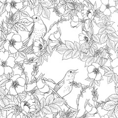 Seamless pattern, background with dog-rose, briar, brier, eglantine, canker-rose . Template for wedding invitation, greeting card, gift voucher. Graphic outline drawing, Vector illustration.