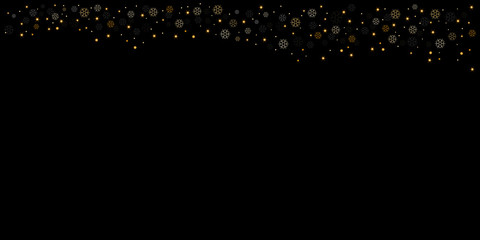 Golden snowflakes and stars on dark background. Winter Christmas background. Vector