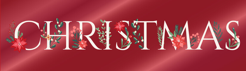 Christmas word horizontal banner greeting card, poster,banner decorated with hand drawn scandinavian style winter floral branches and flowers. Flyer,promotional banner, invitation template