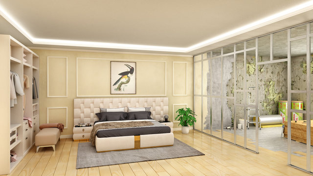 Bedroom interior renewal by making partition, 3d illustration