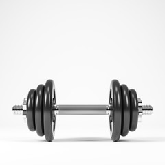 Heavy black professional dumbbell for fitness and bodybuilding. Front view with white background.