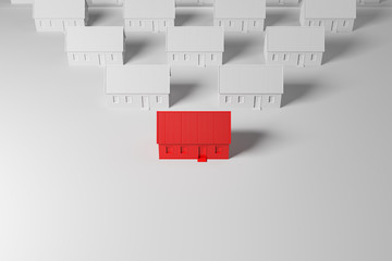 Red cozy house in front of group of white houses on the white background.  Real estate investment concept. Top view.