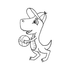 Vector illustration with cute funny cartoon dinosaur drawn outline. Hand drawn doodle for kids coloring book or design. Little T-rex with a basket ball