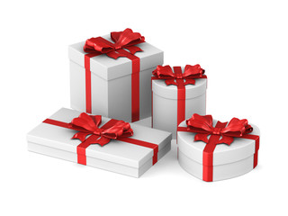 white boxes with red bow on white background. Isolated 3D illustration