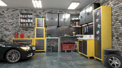 Garage interior with stend of tools. 3d illustration - obrazy, fototapety, plakaty