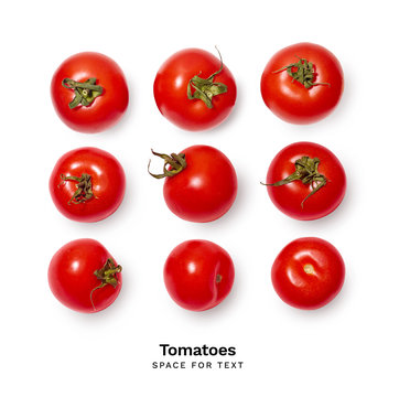 Overhead Shot Of Fresh Red Tomatoes Arranged In Pattern. Isolated On White Background. Top View With Copy Space