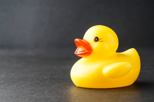 Rubber duckie day concept. Yellow rubber dack over black abd white background