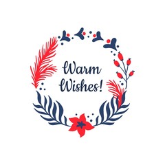 Fototapeta na wymiar Hand-drawn banner with branches, cones, fir and text Warm Wishes. Vector illustration on Christmas theme. Great for postcard, invitation, banner, print, email or ads.