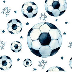 Seamless pattern with flying soccer balls and stars isolated on white background. Hand drawn watercolor illustration for the design of a sports concept, packaging, wrapper, fabric, wallpaper, wall.