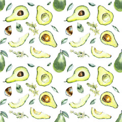 Avocado. Seamless pattern. Watercolor hand drawing illustration