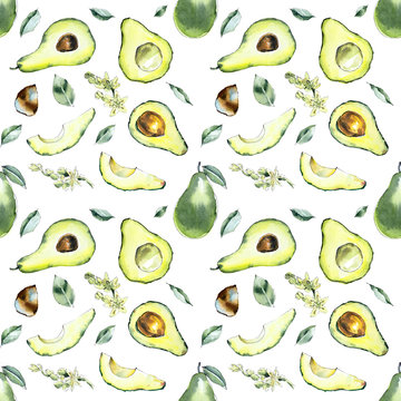 Avocado. Seamless pattern. Watercolor hand drawing illustration