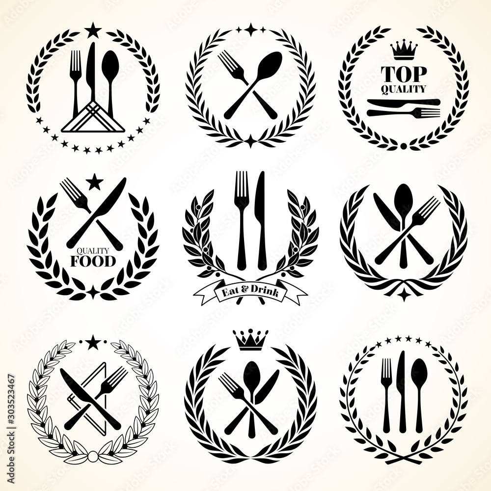 Wall mural cutlery sketch. vintage dinner table silverware set with knife and fork utensils in retro ribbons ve