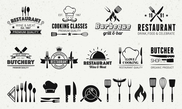 9 Vintage logo templates and 19 design elements for restaurant business. Butchery, Barbecue, Restaurant emblems templates. Vector illustration
