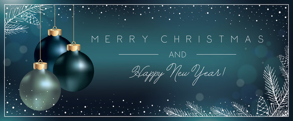 Christmas Blue Background with Xmas Balls decoration and Elegant Greeting Text of Winter Holidays