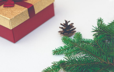 Christmas concept, gifts box, branches,fir cone against a white background.
