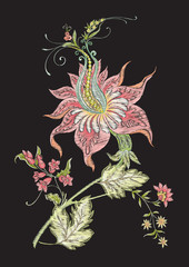 Fantasy flowers in retro, vintage, jacobean embroidery style. Element for design. Embroidery imitation. Colored vector illustration. Isolated on black background.