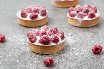 Delicious raspberry tart (tartlet) with whipped cream and raspberries on gray background. Delicious dessert.