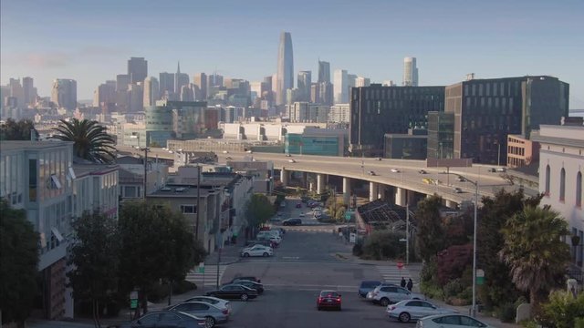 Aerial: The San Francisco City, freeway and suburb of SOMA. California, USA