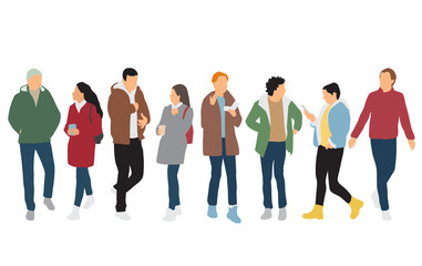 Obraz premium Silhouettes of men and women standing and walking, cartoon character, outerwear, group business people, vector illustration, flat designe icon, isolated on white background