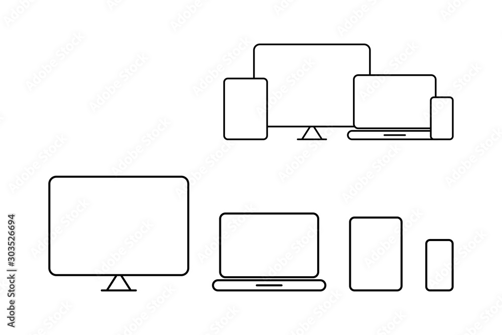 Poster device vector line icons, isolated. computer screen, laptop, tablet and phone, isolated on white bac