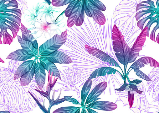 Tropical plants and flowers. Seamless pattern, background. Colored and outline design. Vector illustration in neon, fluorescent colors. Isolated on white background..