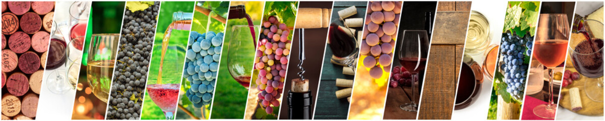 Wine Collage. A panorama of many photos of wine glasses, grapes at vineyards, corks, tastings,...