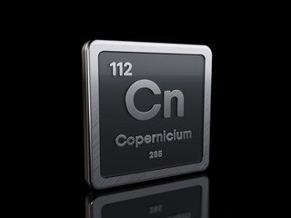 Copernicium Cn, element symbol from periodic table series. 3D rendering isolated on black background