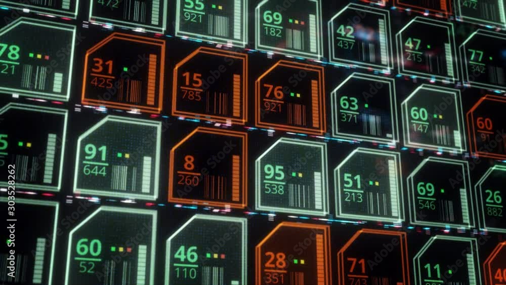 Poster abstract futuristic background of the endless number of microchips of green and red color, seamless 