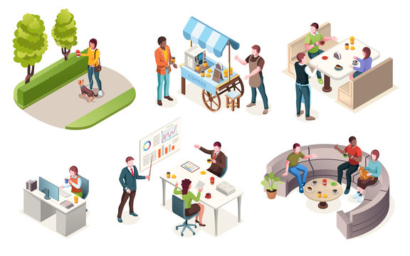 People drinking coffee, vector isometric icons set. Coffee bar or cafe and restaurant, takeaway street vendor, woman walking and workers in office drinking morning coffee from paper cups