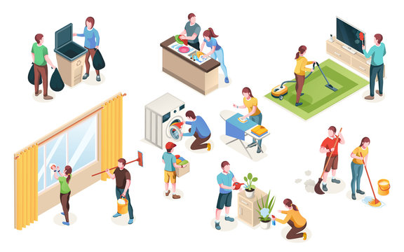 Home cleaning, vector isolated icons of man and woman couple clean house together. Laundry and dish washing at kitchen, watering flowers and cleaning windows, mopping floor and ironing