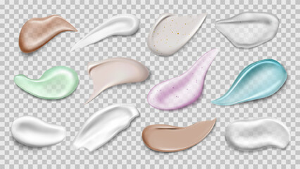 Set of isolated white cream or chocolate stain. Realistic cosmetics beige tone or face scrub. Cocoa smear, cream splatter or brown mousse. Pink and blue creamy splash. Skin care and sweets dessert